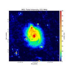 Total Intensity at 151 MHz (Central Frequency, Bandwidth 115 – 175 MHz), LOFAR, Resolution 20'', Mulcahy et al. 2014. This was the first galaxy observed with the LOFAR telescope.