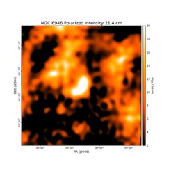 Polarized Intensity at 21.4 cm (1.40 GHz), Effelsberg, Resolution 9.3', Beck 2007Most of the extended polarized emission originates from the Milky Way foreground.