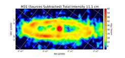 Total Intensity at 11.1 cm (2.70 GHz), Effelsberg, Resolution 5', Beck et al. 1982. Many bright background sources that are not related to M31 have been subtracted.