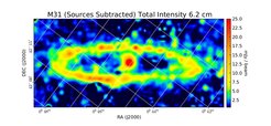 Total Intensity at 6.2 cm (4.85 GHz), Effelsberg, Resolution 3', Berkhuijsen et al. 2003. Many bright background sources that are not related to M31 have been subtracted.